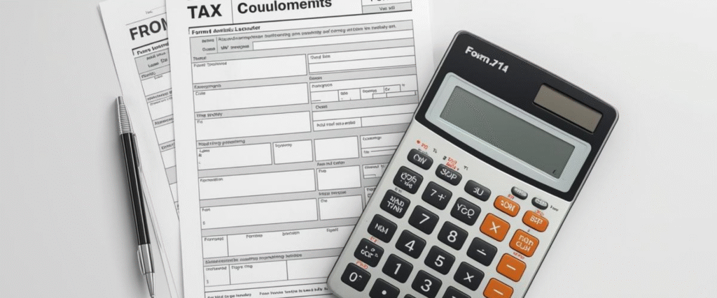 Calculadora financiera con documentos de impuestos, simbolizando la fiscalidad y la tributación para residentes.