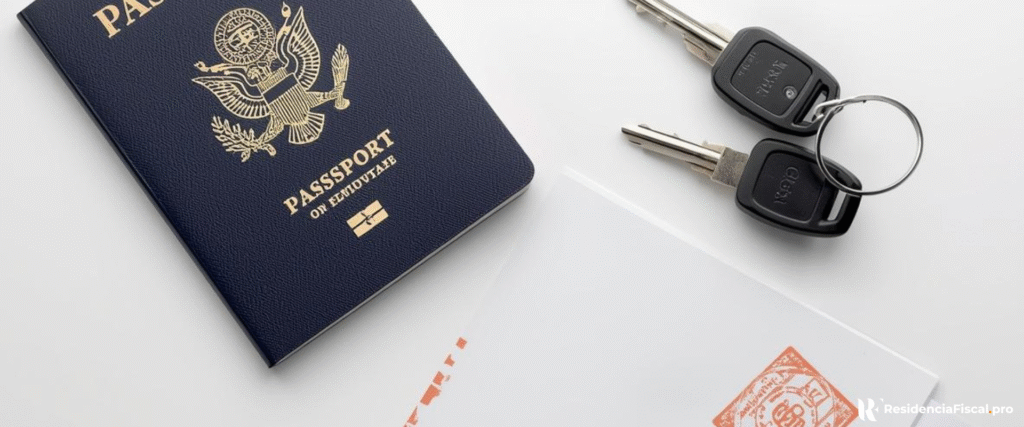 Pasaporte y llaves de casa sobre documento de empadronamiento, simbolizando el cambio de residencia fiscal.
