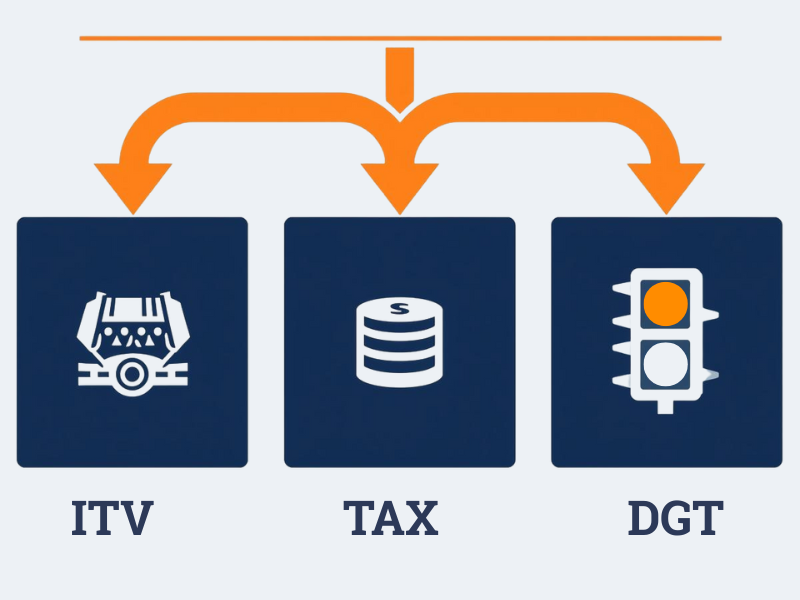 Diagrama de flujo de la matriculación de un vehículo extranjero en España, detallando los pasos: ITV, Impuestos y Tráfico (DGT).