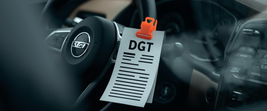 Volante de coche con papeles de matriculación y permiso de conducir, simbolizando trámites de vehículos y tráfico en España.
